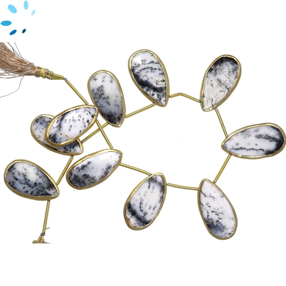 Dendrite Opal Faceted Pear Bezel Set Beads 24x12 - 28x14mm Top Drilled - 18k Gold Plated Sterling Silver