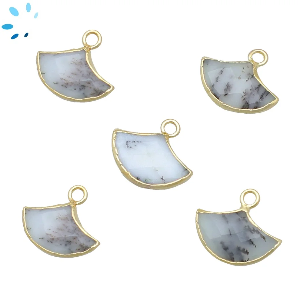 Dendrite Opal Fan Charm Pendant 15x10mm 18k Gold Electroplated - Set of 2