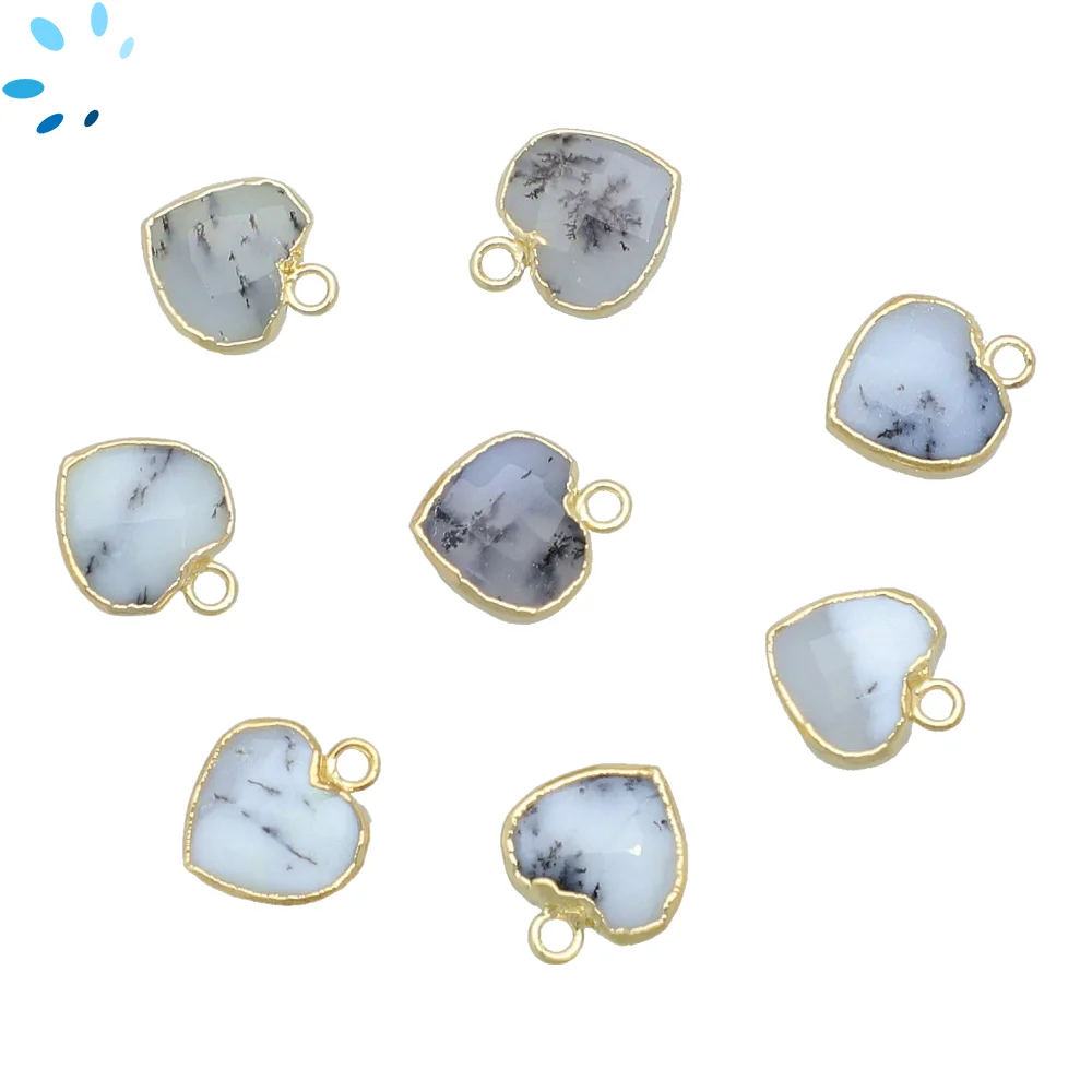 Dendrite Opal Heart Charm Pendant 9mm 18k Gold Electroplated - Set of 4