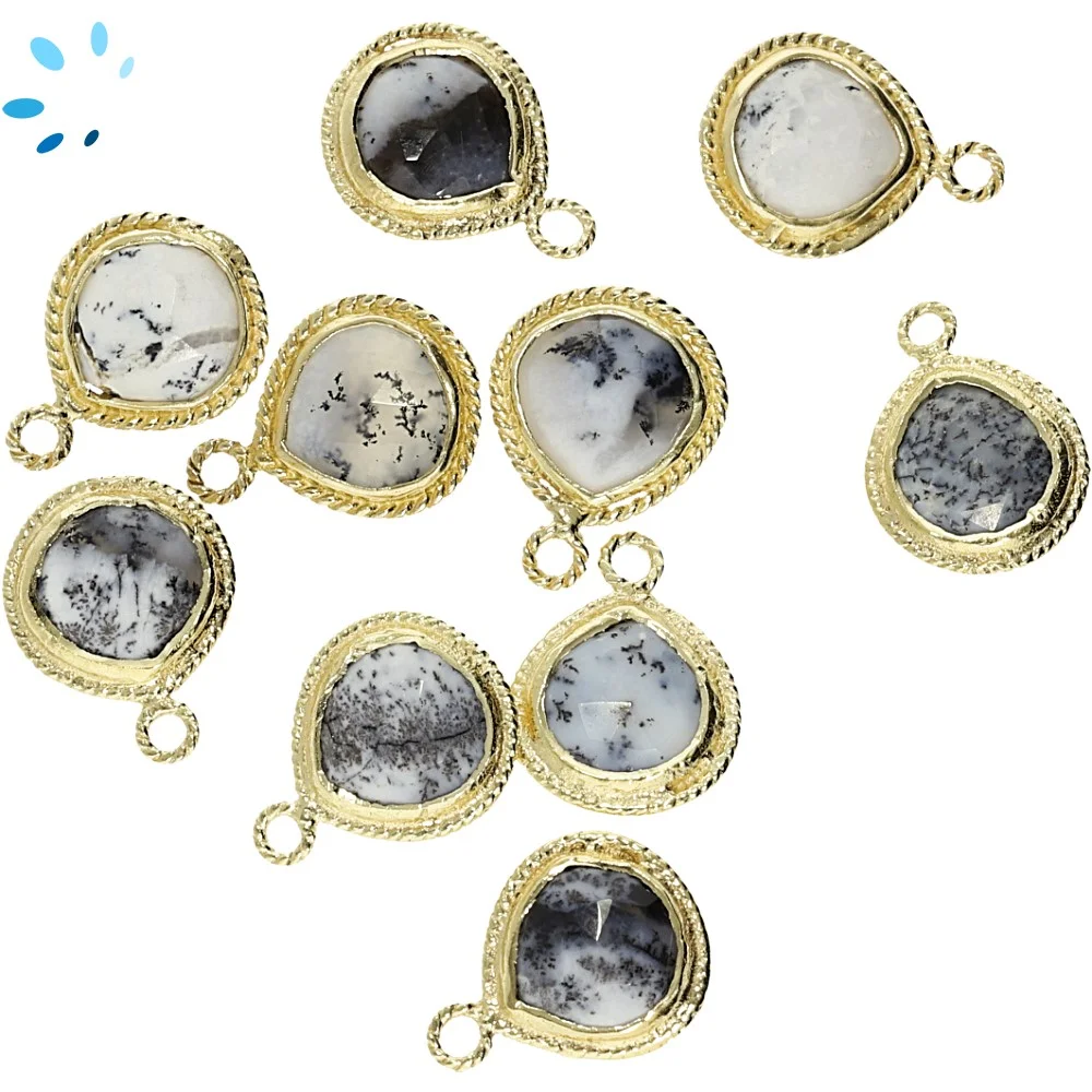Dendrite Opal Heart Twisted Wire Bezel Charm Pendant 10mm - 18k Gold Plated Sterling Silver - Set of 4