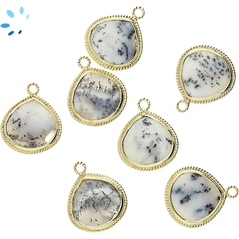 Dendrite Opal Heart Twisted Wire Bezel Charm Pendant 18mm - 18k Gold Plated Sterling Silver - Set of 2