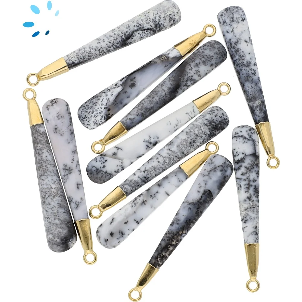 Dendrite Opal Long Drop Charm Pendant 39x6 - 41x6mm 18k Gold Electroplated - Set of 2