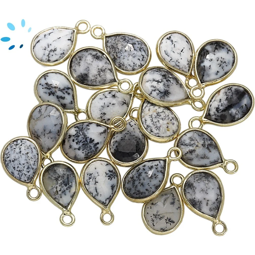 Dendrite Opal Pear Bezel Charm Pendant 9x7mm - 18k Gold Plated Sterling Silver - Set of 4