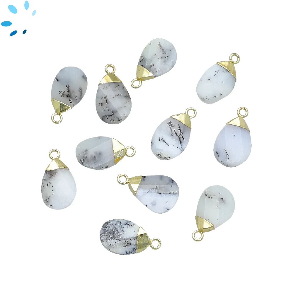 Dendrite Opal Pear Charm Pendant 13x8mm 18k Gold Electroplated - Set of 4