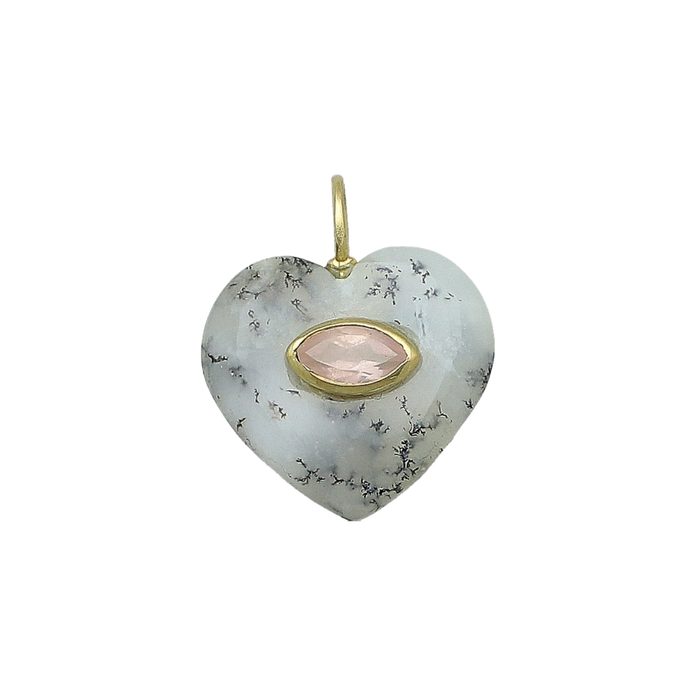 Dendrite Opal & Pink Opal Heart Inlay Charm Pendant 19mm - 18k Gold Plated Sterling Silver