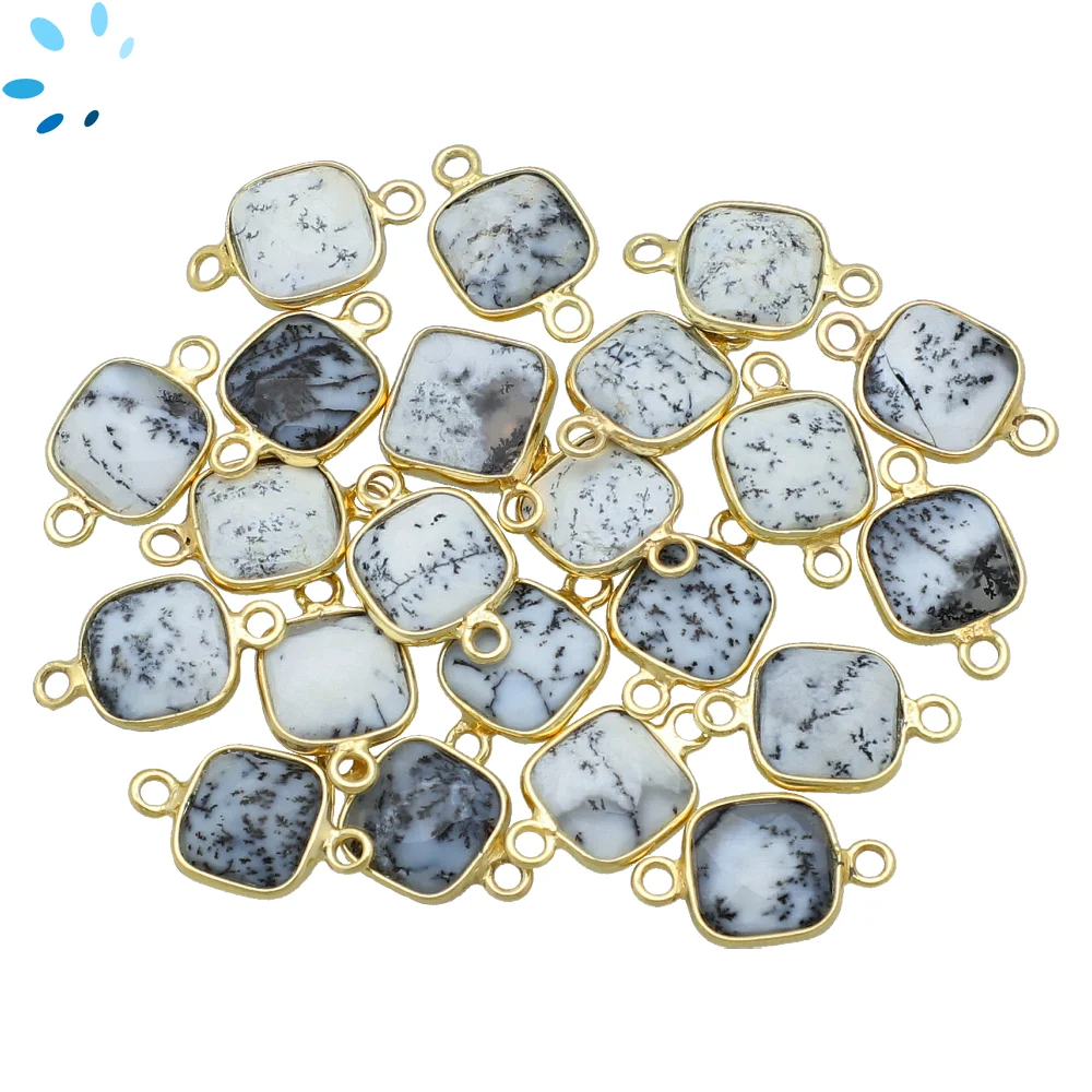 Dendrite Opal Square Bezel Connector 9mm - 18k Gold Plated Sterling Silver - Set of 4