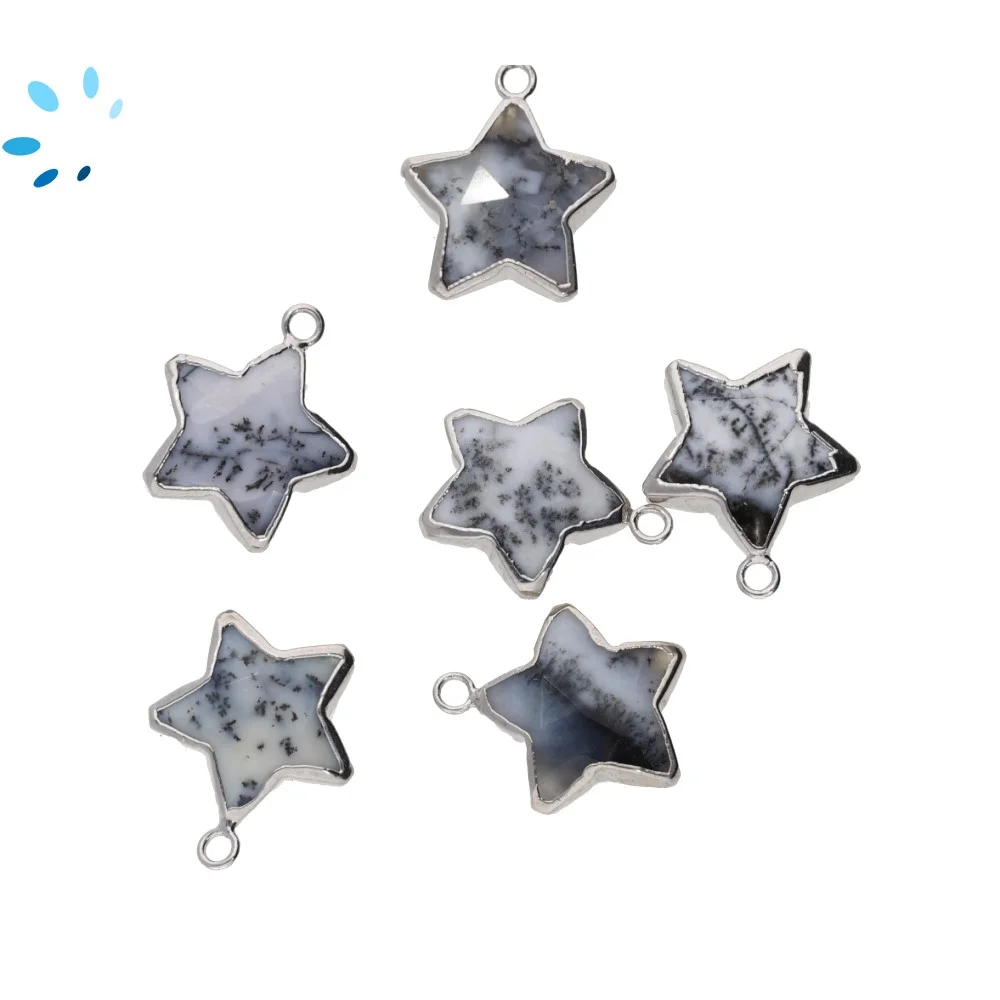 Dendrite Opal Star Pendant Charm 12mm Silver Electroplated - Set of 4