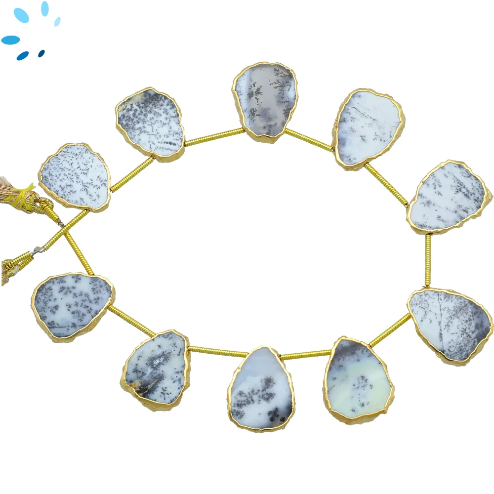 Dendrite Opal Top Drilled Slice Beads 15x12mm - 18k Gold Electroplated