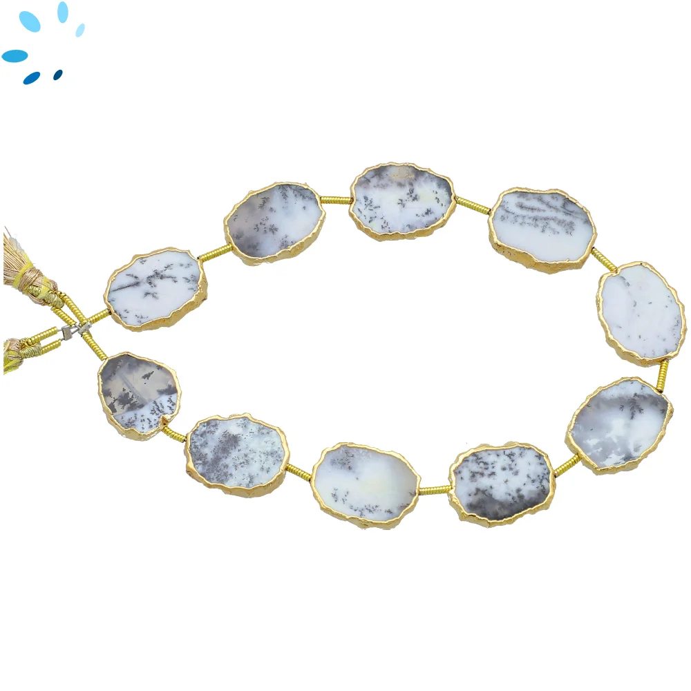 Dendrite Opal Top to Bottom Drilled Slice Beads 15x12mm - 18k Gold Electroplated