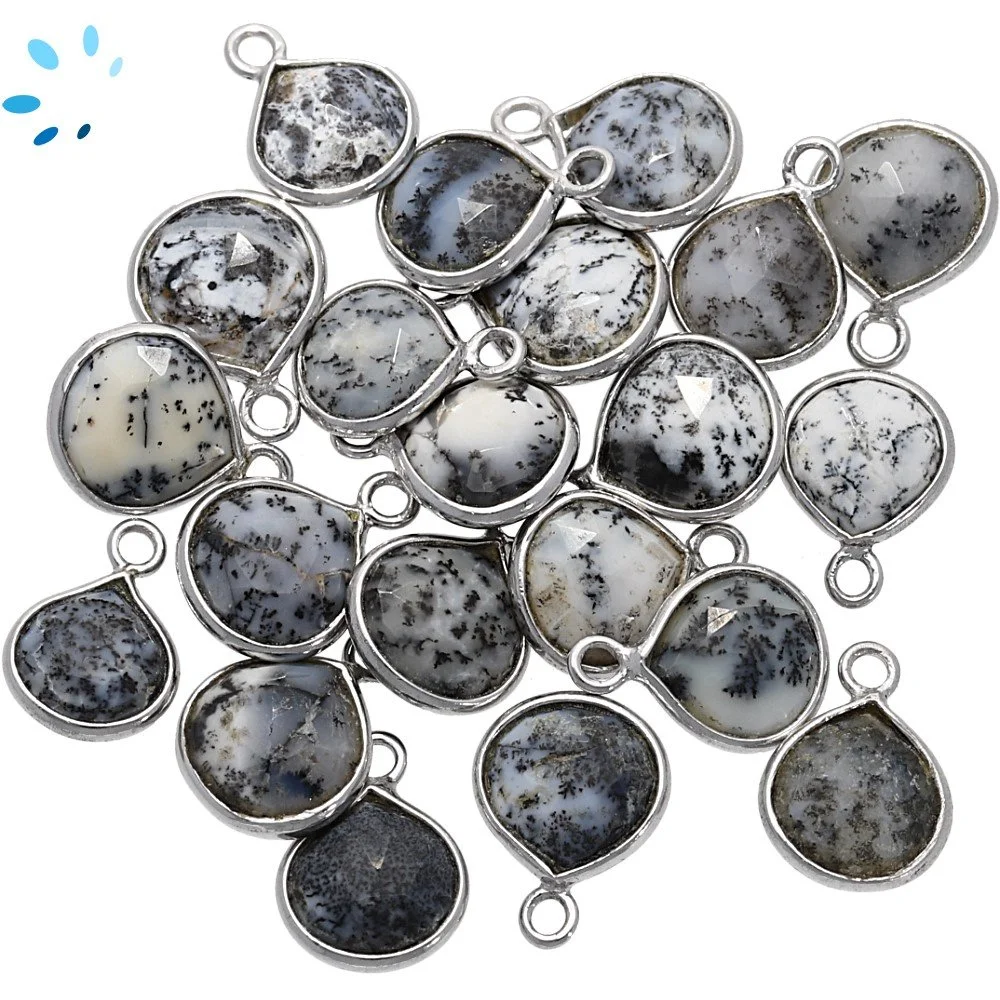 Dendritic Opal Heart Bezel Charm Pendant 8mm - Platinum Plated Sterling Silver - Set of 4