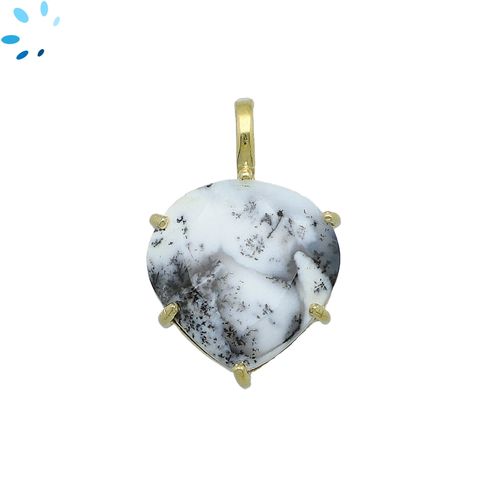 Dendritic Opal Heart Prong-Set Pendant Charm 16mm - 18k  Gold Plated Sterling Silver - 1 Piece