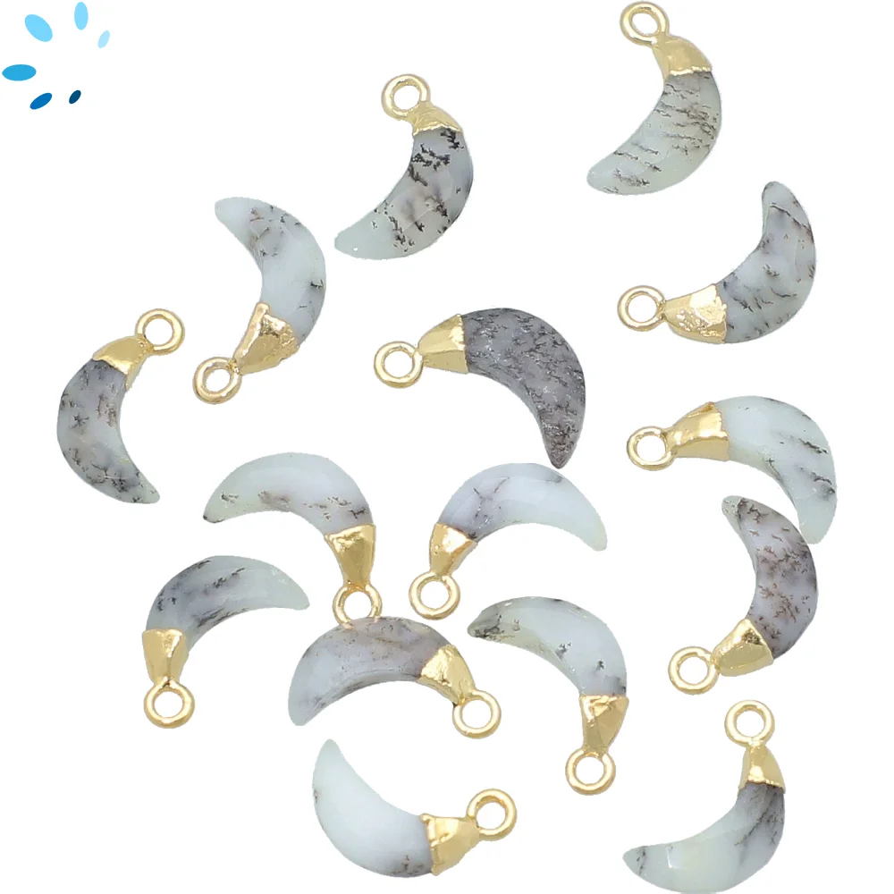 Dendritic Opal Moon Charm Pendant 9x3mm 18k Gold Electroplated - Set of 4