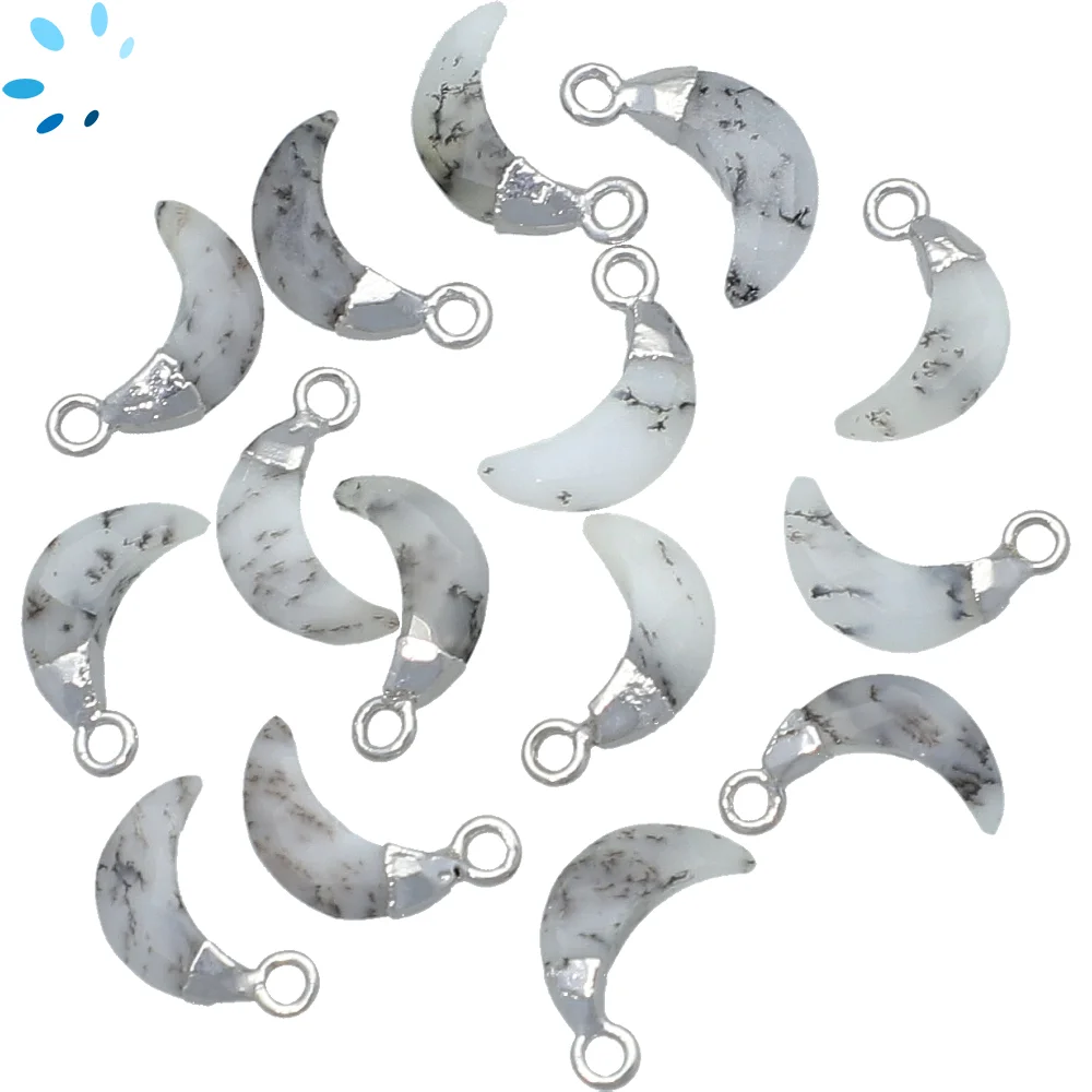 Dendritic Opal Moon Pendant Charm 9x3mm Silver Electroplated - Set of 4
