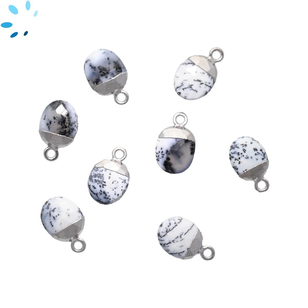 Dendritic Opal Oval Pendant Charm 10X8mm Silver Electroplated - Set of 4