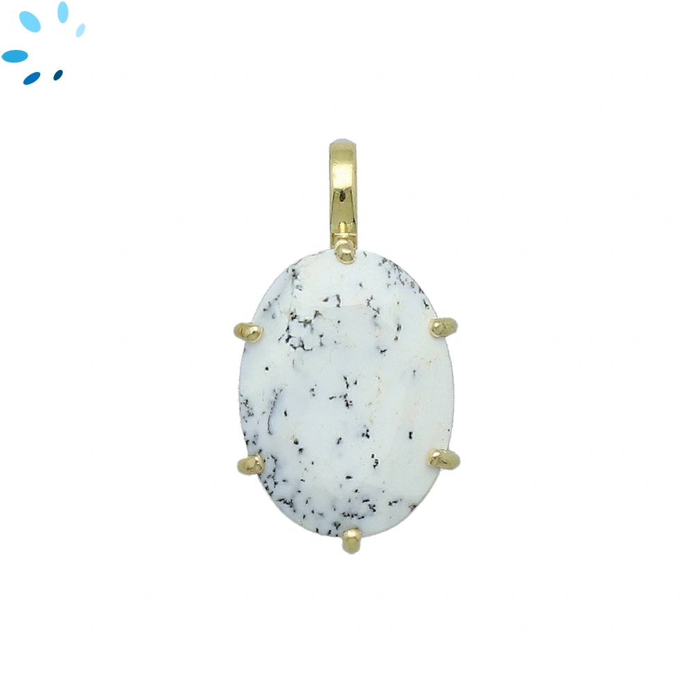Dendritic Opal Oval Prong-Set Pendant Charm 17x12mm - 18k  Gold Plated Sterling Silver - 1 Piece