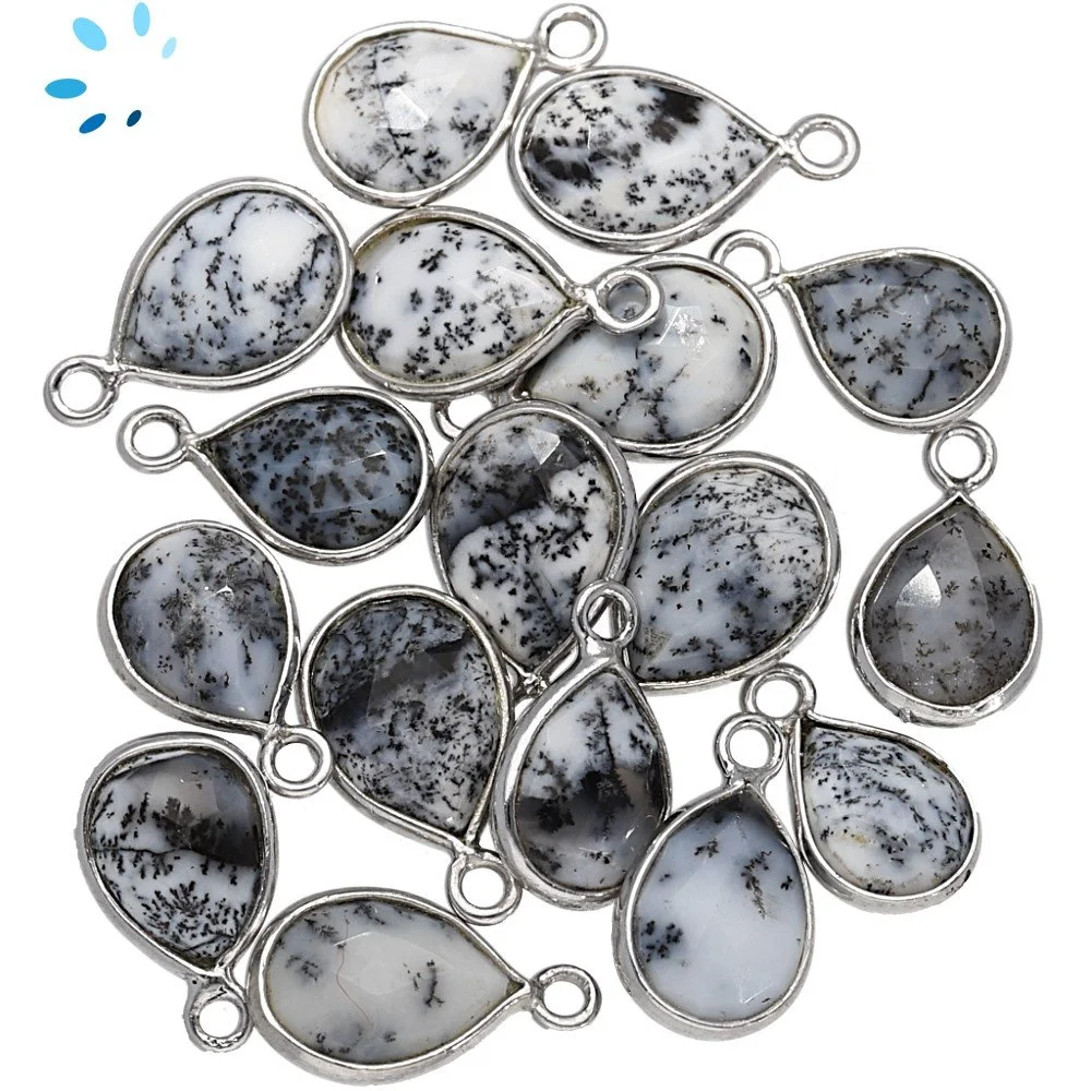 Dendritic Opal Pear Bezel Pendant Charm 9x7mm - Platinum Plated Sterling Silver - Set of 4