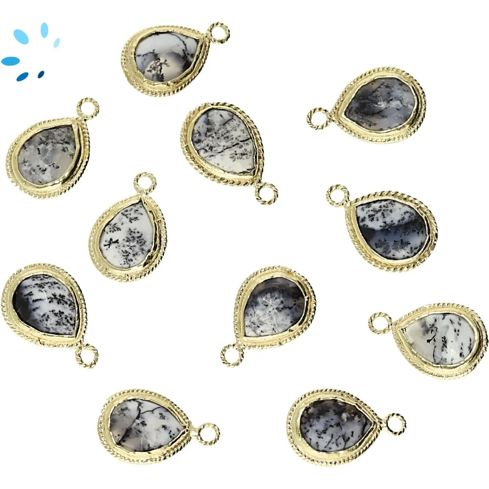 Dendritic Opal Pear Twisted Wire Bezel Charm Pendant 11x9mm - 18k Gold Plated Sterling Silver - Set of 4