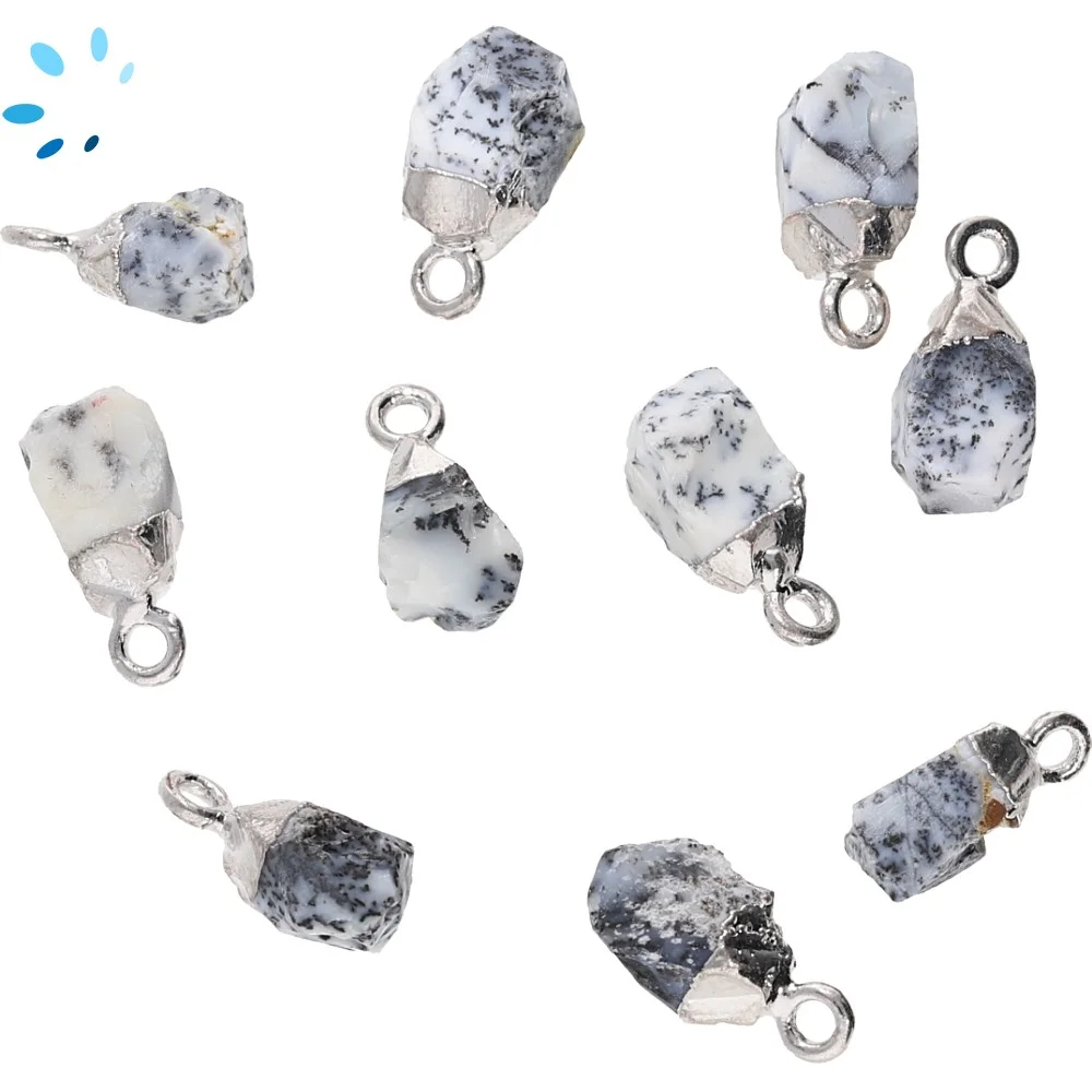 Dendritic Opal Rough Charm Pendant 9x7mm Silver Electroplated - Set of 4