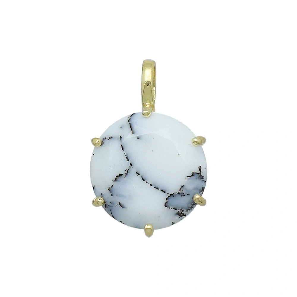 Dendritic Opal Round Prong-Set Pendant Charm 15mm - 18k  Gold Plated Sterling Silver - 1 Piece