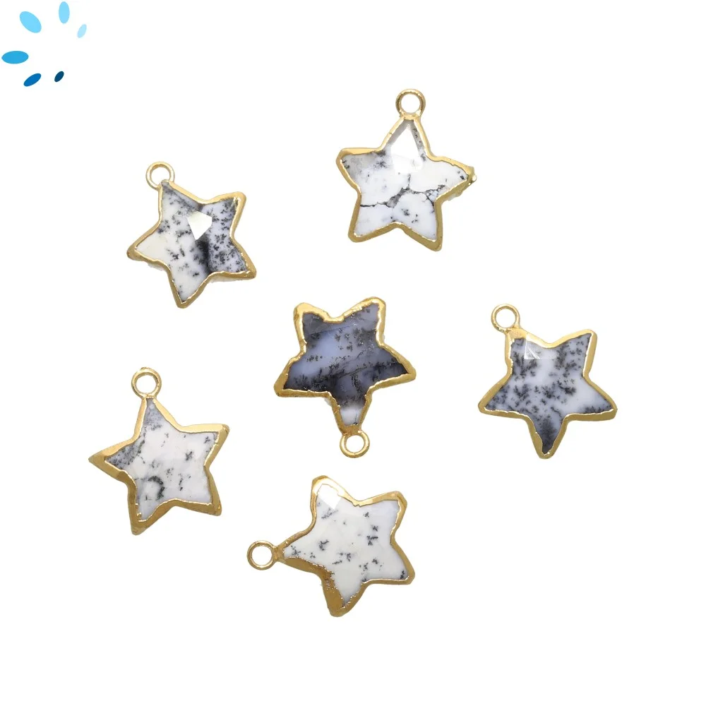 Dendritic Opal Star Charm Pendant 12mm 18k Gold Electroplated - Set of 4