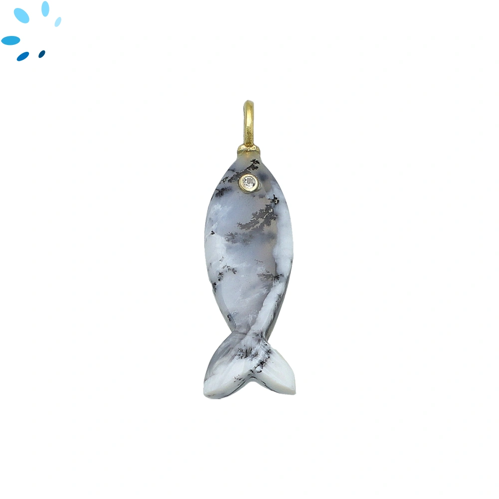 Dendritic Opal & White Topaz Vertical Elongated Fish Inlay Pendant Charm 25x9mm - 18k Gold Plated Sterling Silver