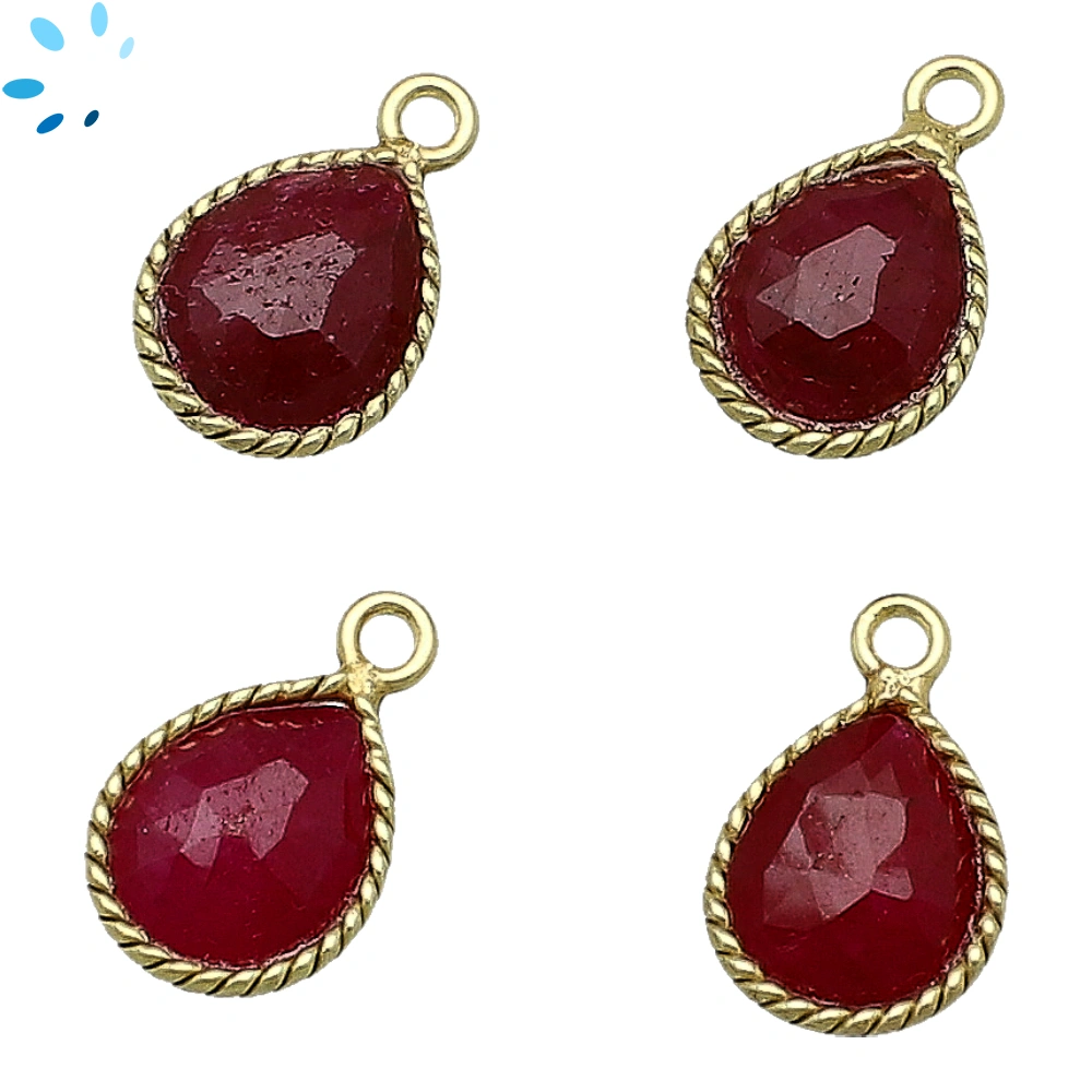 Dyed Ruby Pear Twisted Wire Bezel Charm Pendant 10x9mm - 18k Gold Plated Sterling Silver - Set of 4