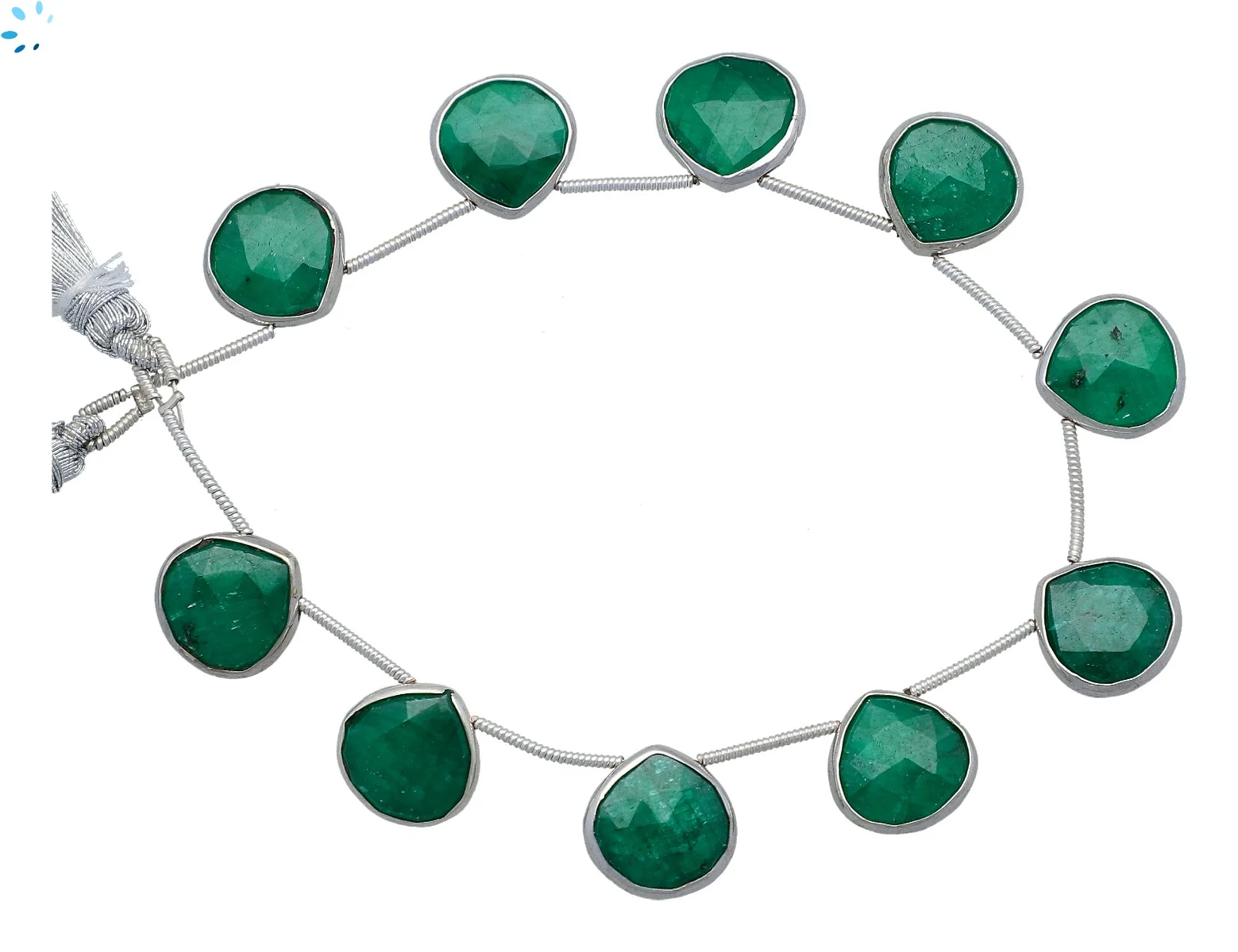 Emerald Dyed Corundum Faceted Heart Bezel Set Beads 12mm Top Drilled - Platinum Plated Sterling Silver