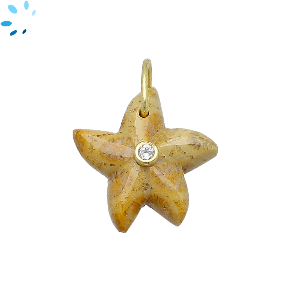 Flower Jasper & White Topaz Starfish Inlay Pendant Charm 15-16mm - 18k Gold Plated Sterling Silver - Set of 2