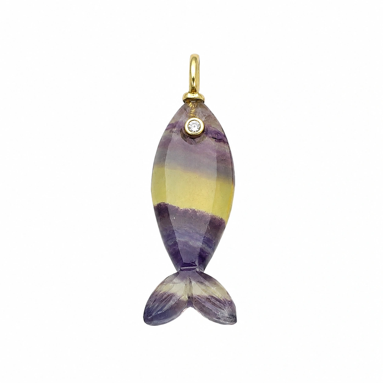 Fluorite & White Topaz Vertical Elongated Fish Inlay Pendant Charm 25x9mm - 18k Gold Plated Sterling Silver