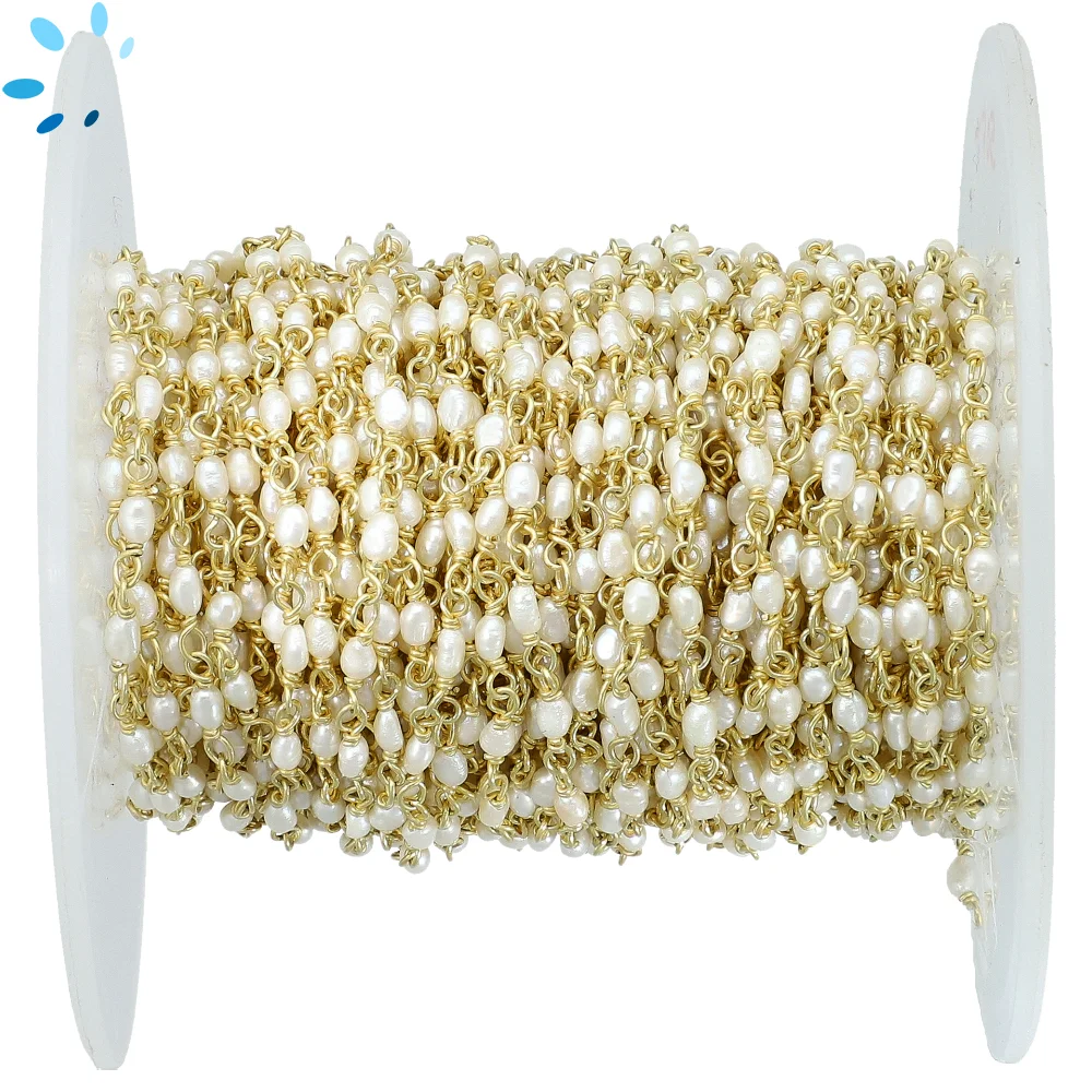 Fresh Water Pearl Button 2x3mm Sterling Silver Gold Plated Rosary Style Beaded Chain Per Foot