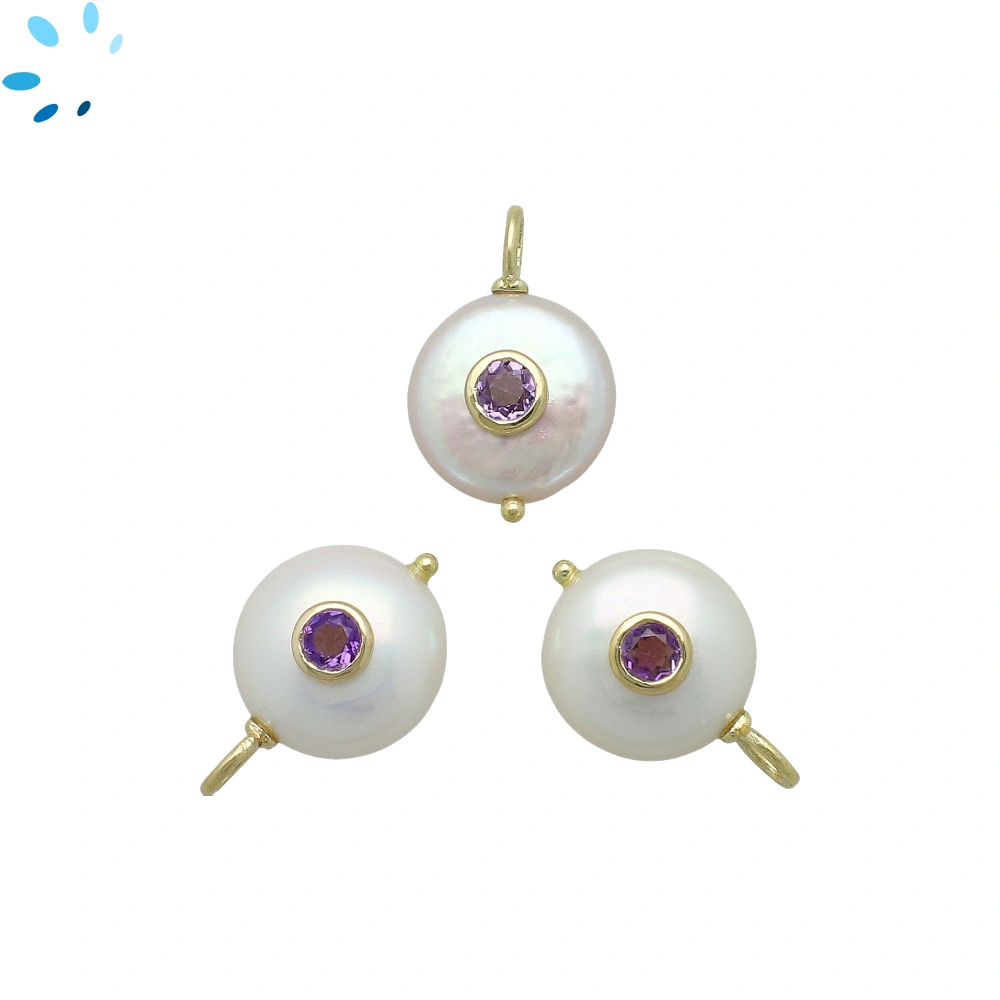 Freshwater Pearl & Amethyst Coin Inlay Pendant Charm 13-14mm - 18k Gold Plated Sterling Silver