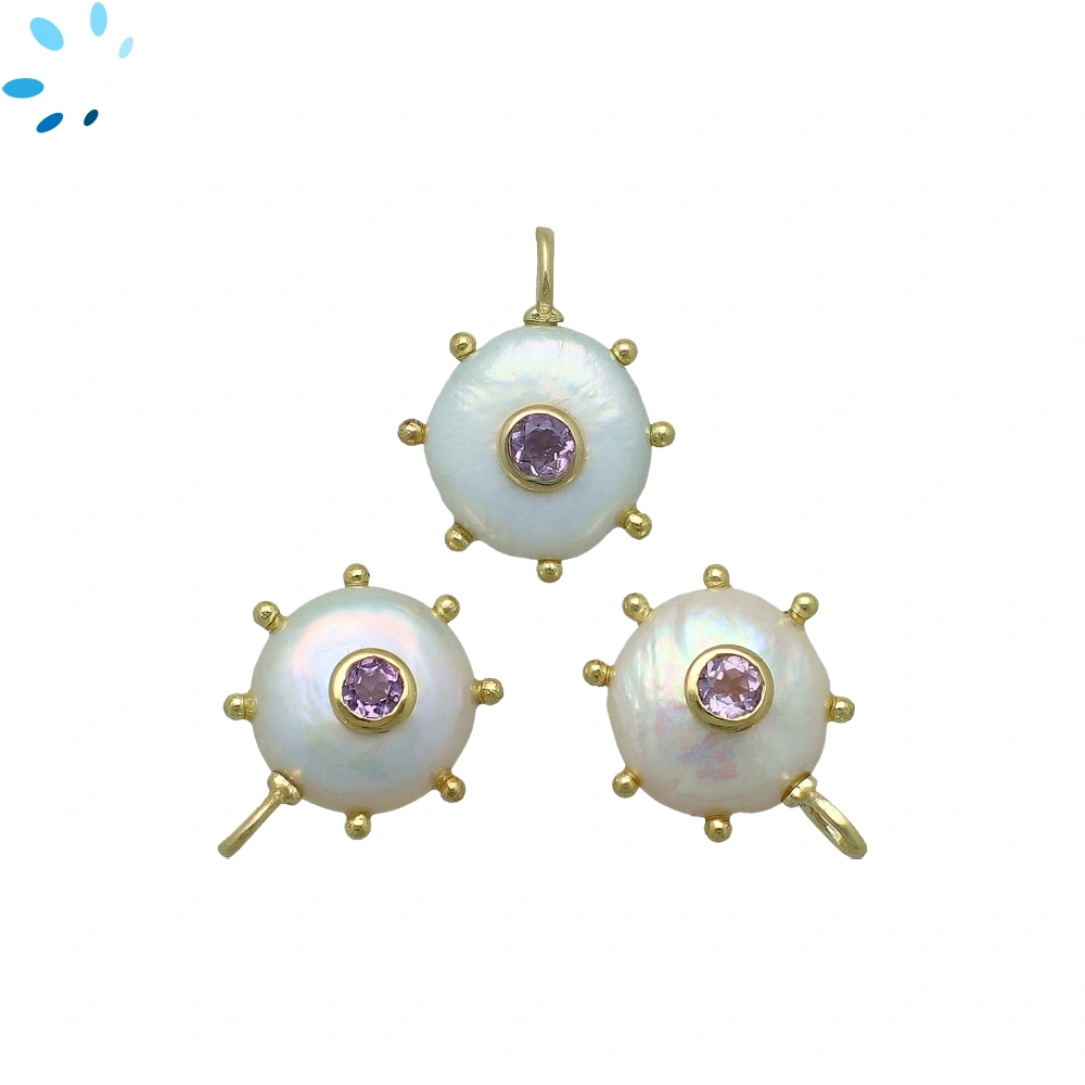 Freshwater Pearl & Amethyst Sunburst Coin Inlay Pendant Charm 12-14mm - 18k Gold Plated Sterling Silver