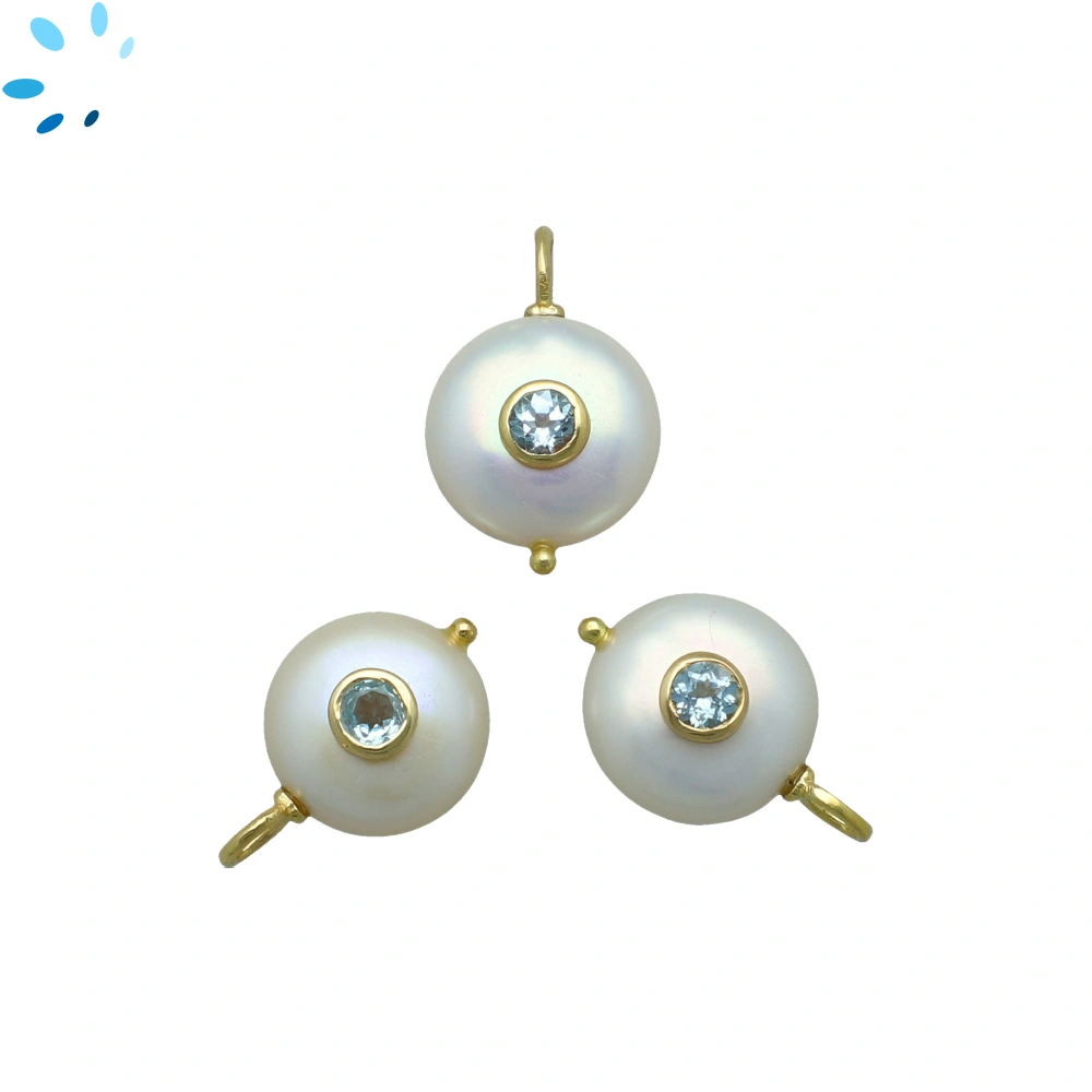  Freshwater Pearl & Blue Topaz Coin Inlay Pendant Charm 13-14mm - 18k Gold Plated Sterling Silver 