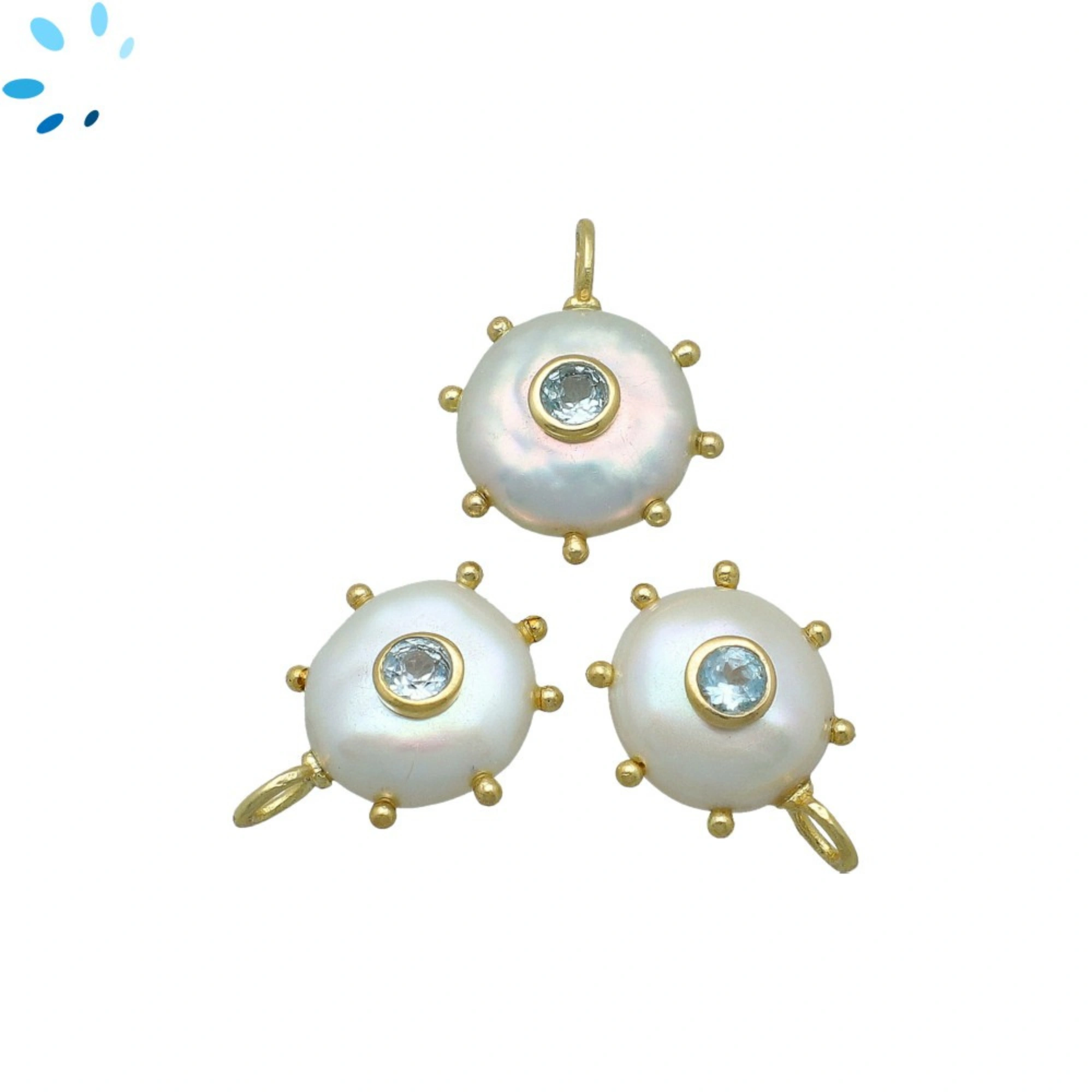 Freshwater Pearl & Blue Topaz Sunburst Coin Inlay Pendant Charm 12-14mm - 18k Gold Plated Sterling Silver - 1 Piece
