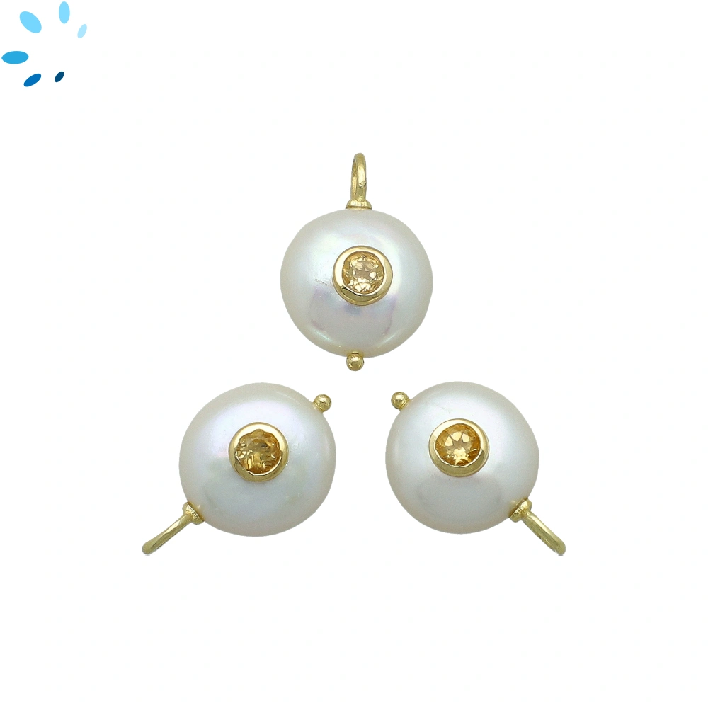 Freshwater Pearl & Citrine Coin Inlay Pendant Charm 13-14mm - 18k Gold Plated Sterling Silver - 1 Piece