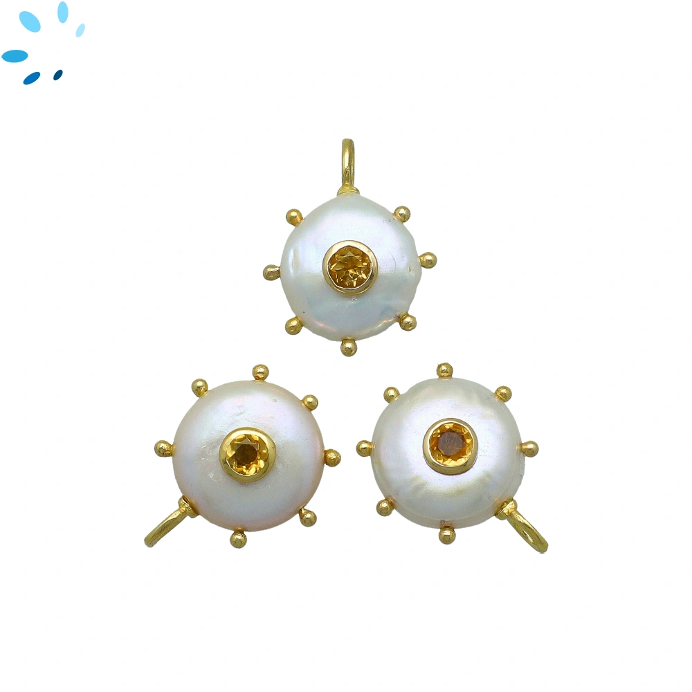 Freshwater Pearl & Citrine Sunburst Coin Inlay Pendant Charm 12-14mm - 18k Gold Plated Sterling Silver - 1 Piece