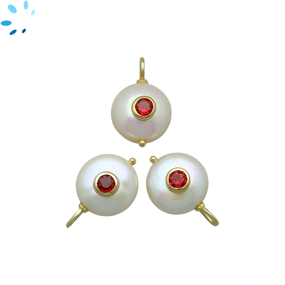 Freshwater Pearl & Garnet Coin Inlay Pendant Charm 13-14mm - 18k Gold Plated Sterling Silver - 1 Piece