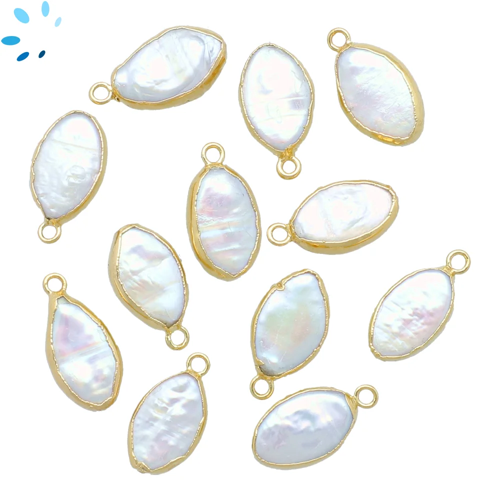 Freshwater Pearl Marquise Pendant Charm 14x9mm 18k Gold Electroplated - Set of 4