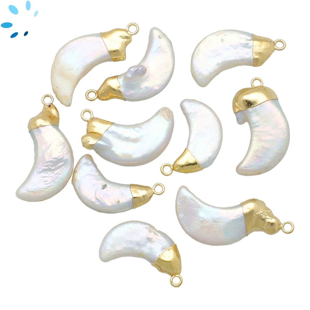 Freshwater Pearl Moon Charm Pendant 16x7 - 18x8mm 18k Gold Electroplated -  Set of 2