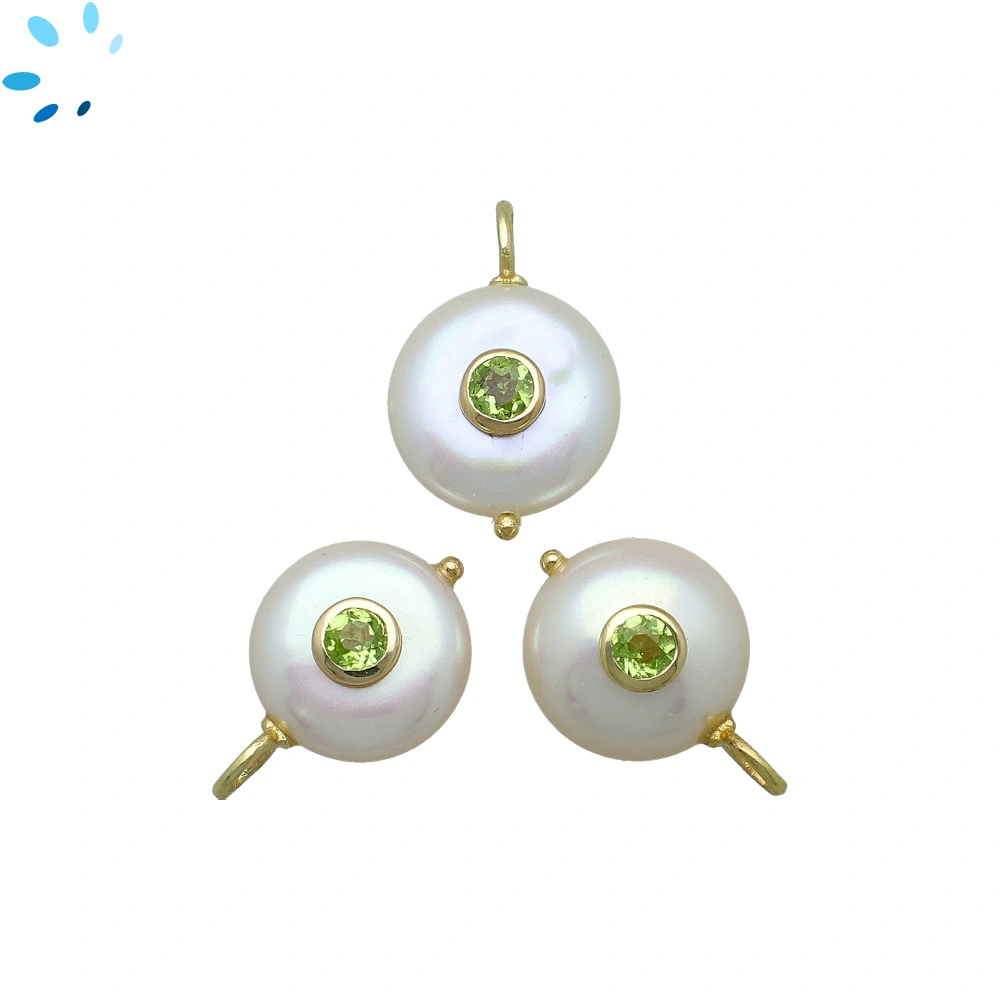 Freshwater Pearl & Peridot Coin Inlay Pendant Charm 13-14mm - 18k Gold Plated Sterling Silver - 1 Piece