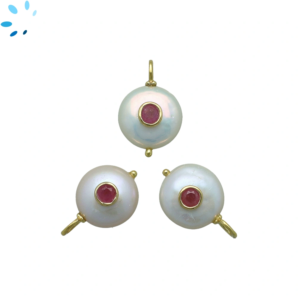 Freshwater Pearl & Ruby Coin Inlay Pendant Charm 13-14mm - 18k Gold Plated Sterling Silver 