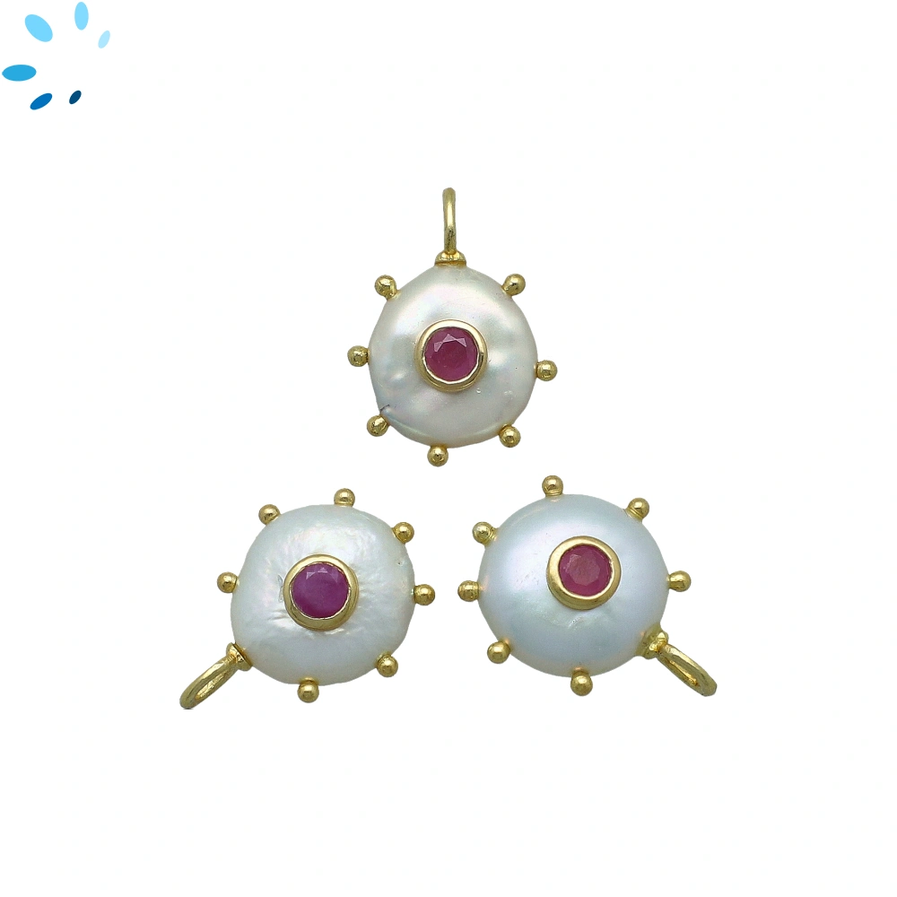 Freshwater Pearl & Ruby Sunburst Coin Inlay Pendant Charm 12-14mm - 18k Gold Plated Sterling Silver - 1 Piece