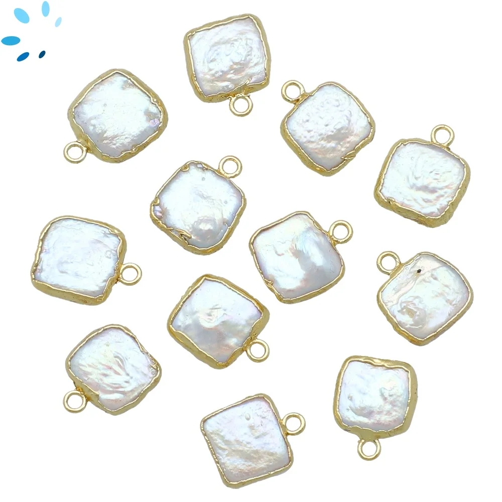 Freshwater Pearl Square Pendant Charm 10mm 18k Gold Electroplated - Set of 4