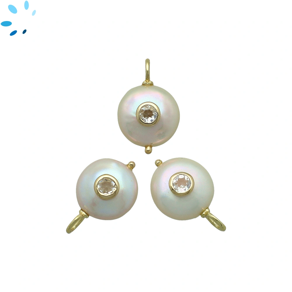 Freshwater Pearl & White Topaz Coin Inlay Pendant Charm 13-14mm - 18k Gold Plated Sterling Silver - 1 Piece