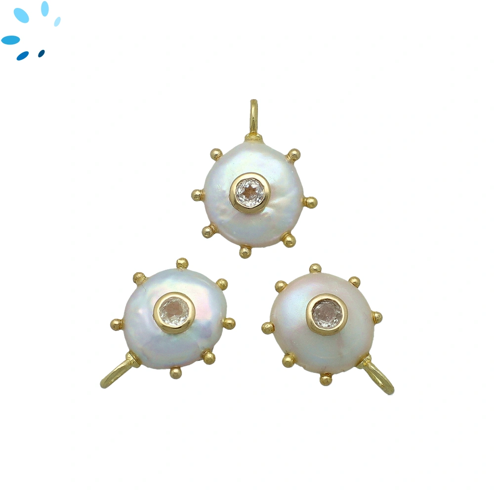 Freshwater Pearl & White Topaz Sunburst Coin Inlay Pendant Charm 12-14mm - 18k Gold Plated Sterling Silver - 1 Piece