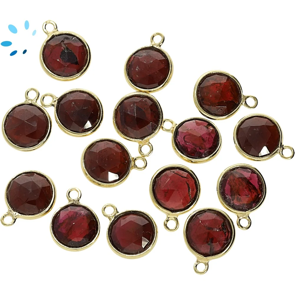 Garnet Coin Bezel Pendant Charm 9mm - 18k Gold Plated Sterling Silver - Set of 4
