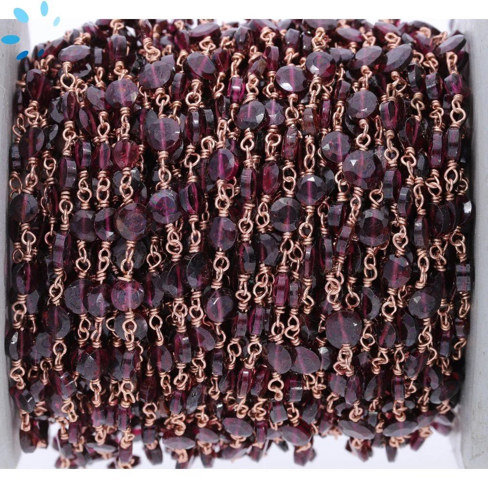 Garnet Faceted Coin 5.0 - 5.5mm Sterling Silver Rose Gold Plated Rosary Style Beaded Chain Per Foot