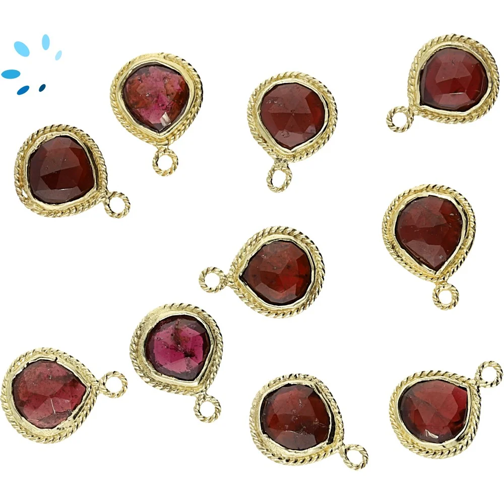 Garnet Heart Twisted Wire Bezel Charm Pendant 10mm - 18k Gold Plated Sterling Silver - Set of 4