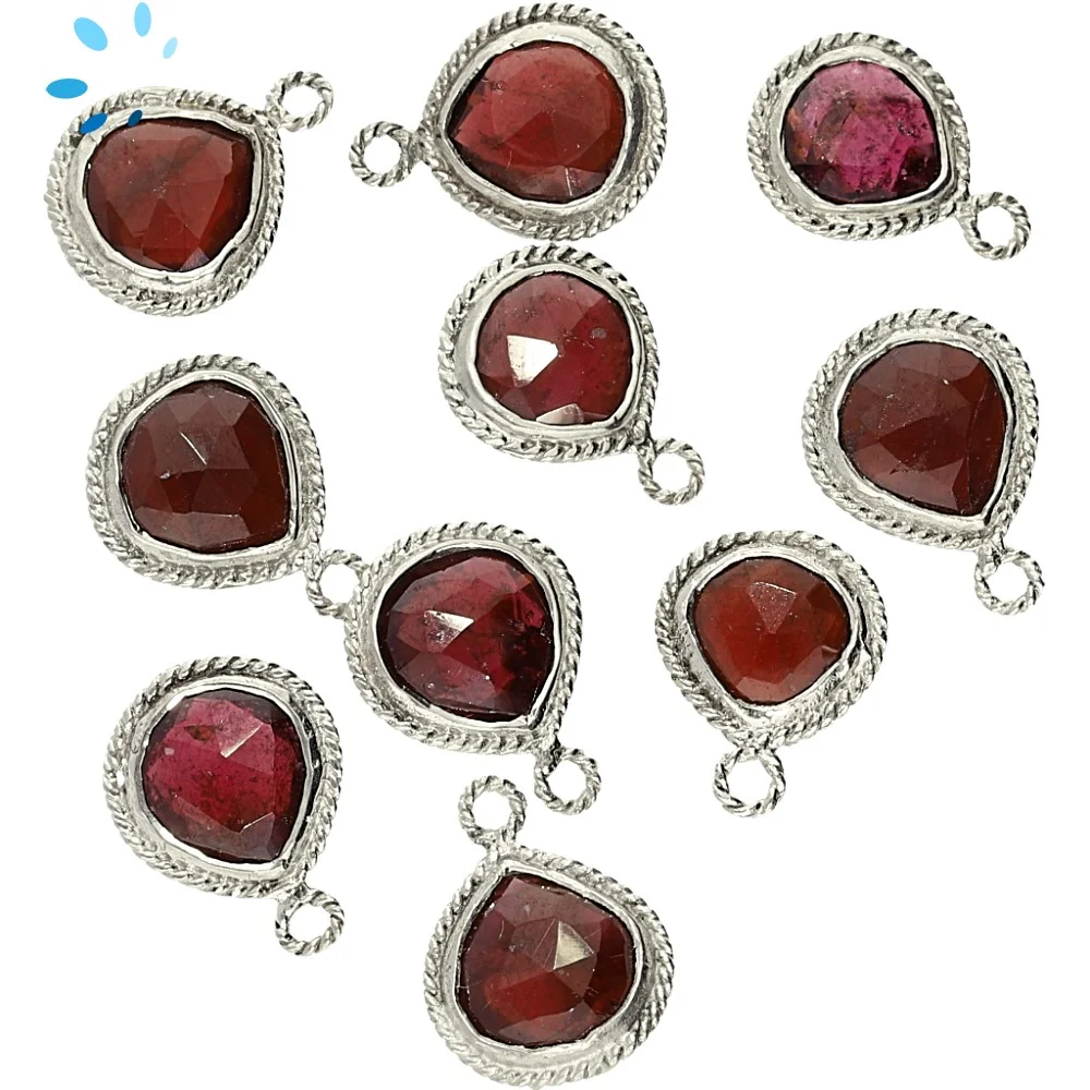 Garnet Heart Twisted Wire Bezel Pendant Charm 10mm - Silver Plated Sterling Silver - Set of 4