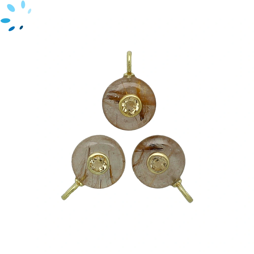 Golden Rutile Quartz & Citrine Round Inlay Charm Pendant 12mm - 18k Gold Plated Sterling Silver - 1 Piece